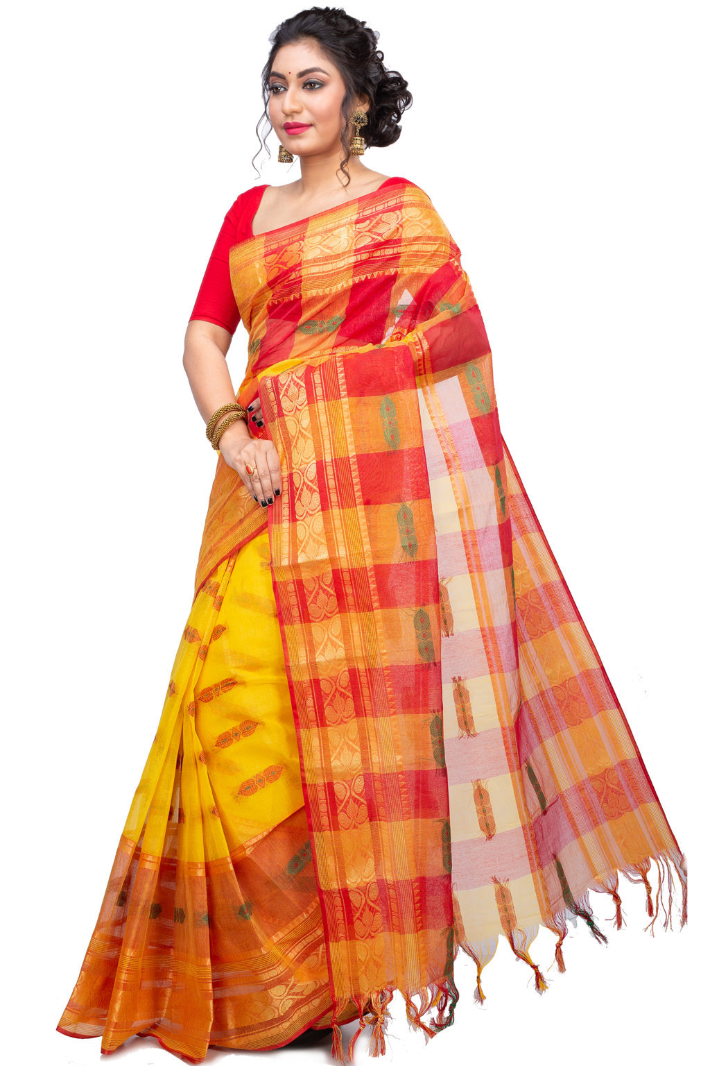 Yellow Red Pure Cotton Raj Nandi Desigine Tant Saree (2808)